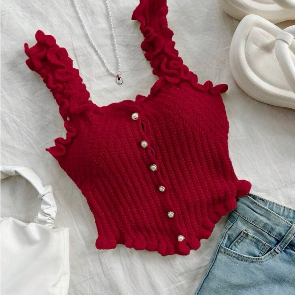 SHEIN Red Ribbed Ruffled Tank Top